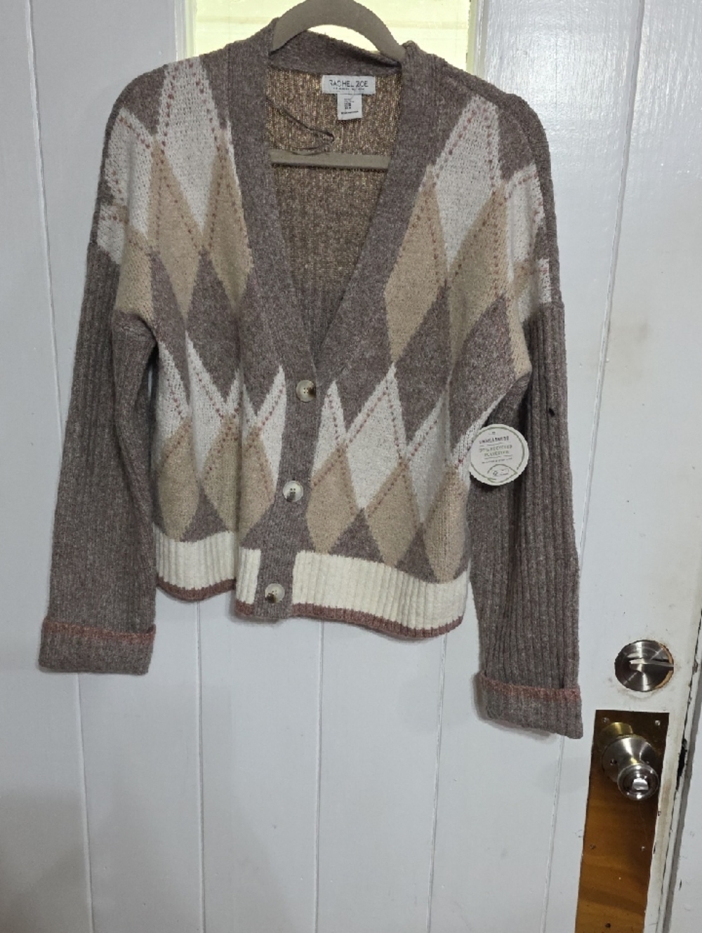 NWT Rachel Zoe Women's‎ Cardigan Sweater Brown/Tan Argyle V-Neck Cozy Soft Sz M